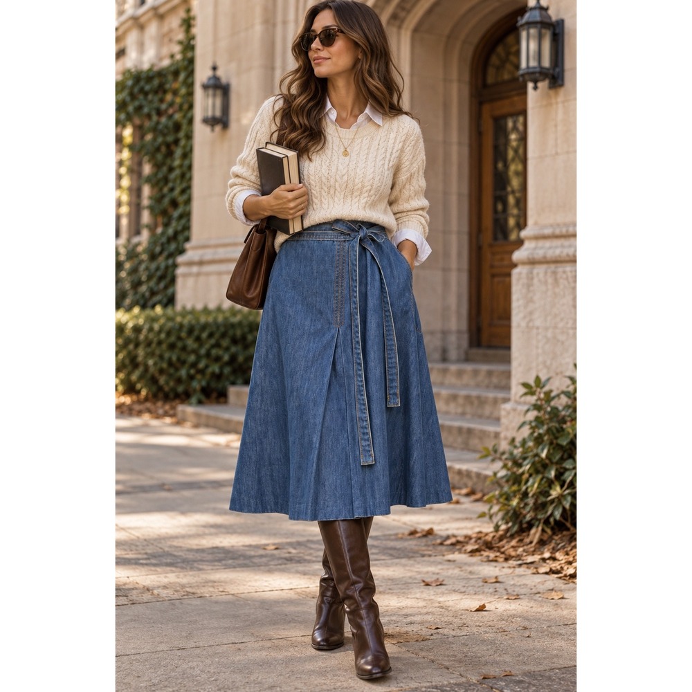 Women's Denim Wrap Midi Skirt Tie Waist A-Line Pleated Blue Jean Skirt preppy